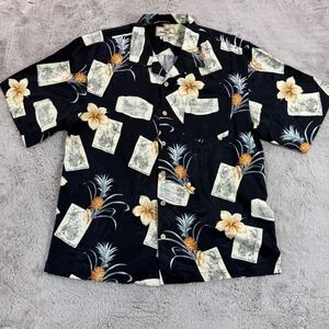 Tommy‎ Bahama Black Hawaiian Silk Shirt Pineapple Floral Tropical Men L Vacation